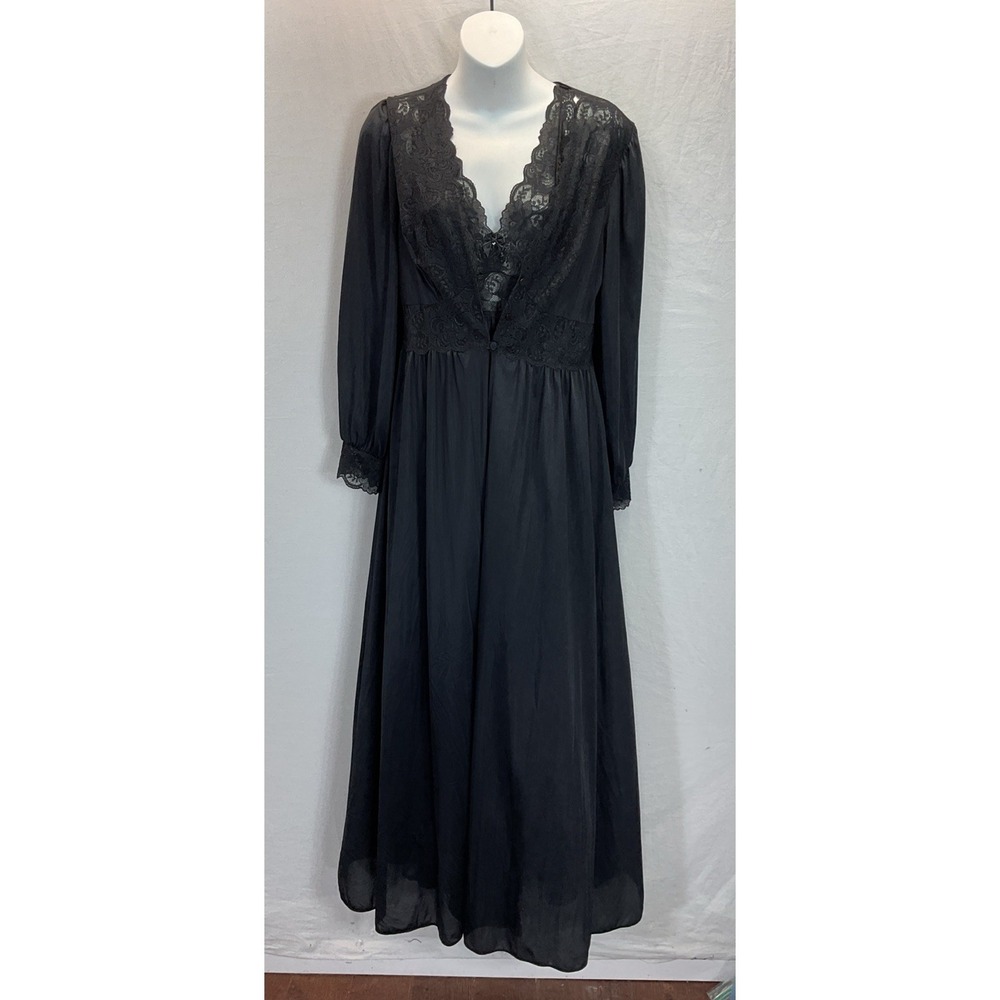 VTG Shadowline Black Nightgown Lace Lingerie Dressing Robe Peignoir Set M
